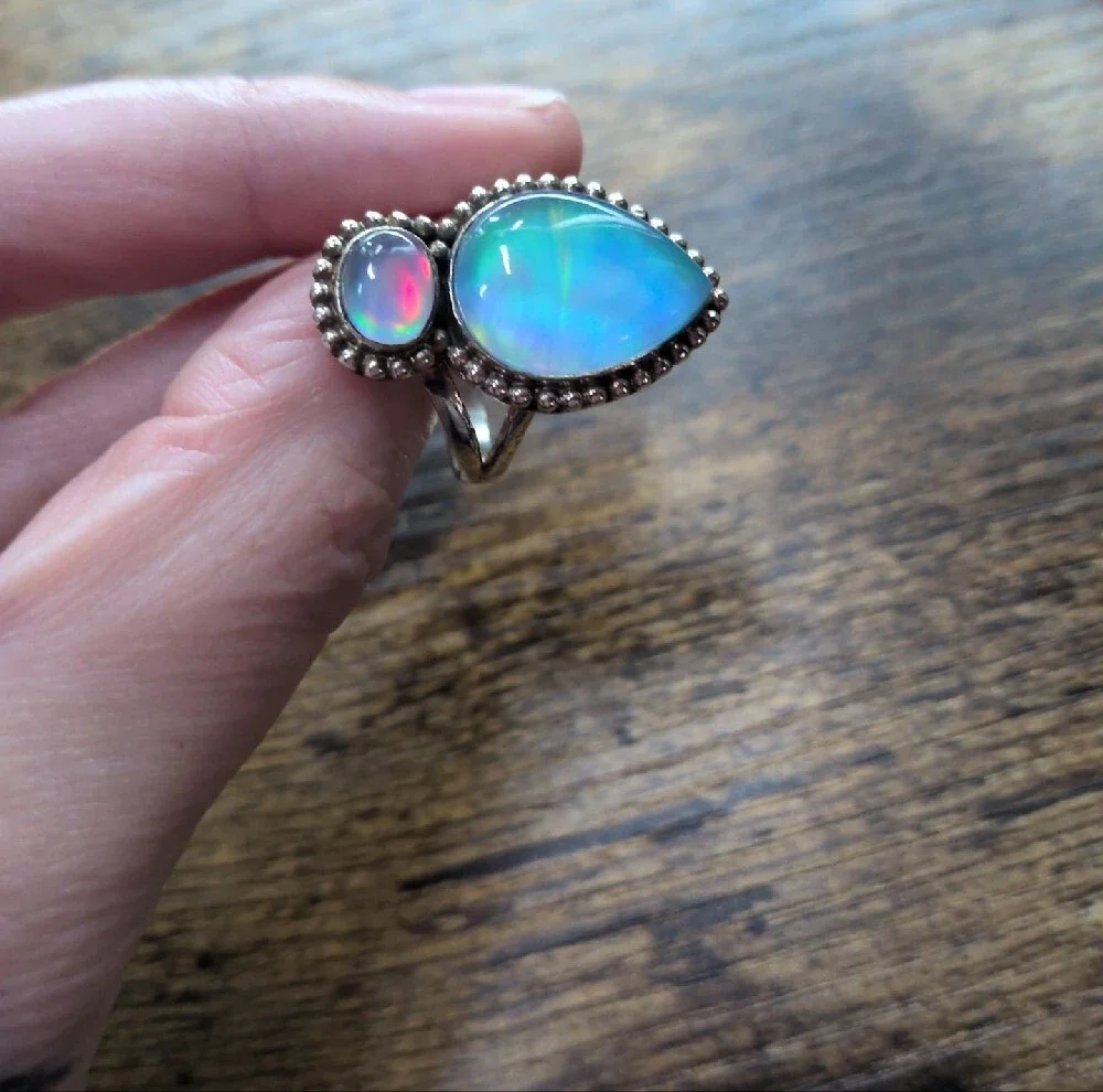 Sterling Teardrop Opal Double Stone Ring - Iridescent Blue-Pink